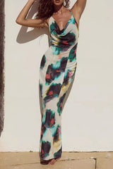 Floral Print Lace Up Backless Halter One Step Skirt Dresses