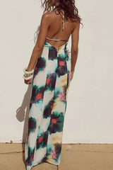 Floral Print Lace Up Backless Halter One Step Skirt Dresses