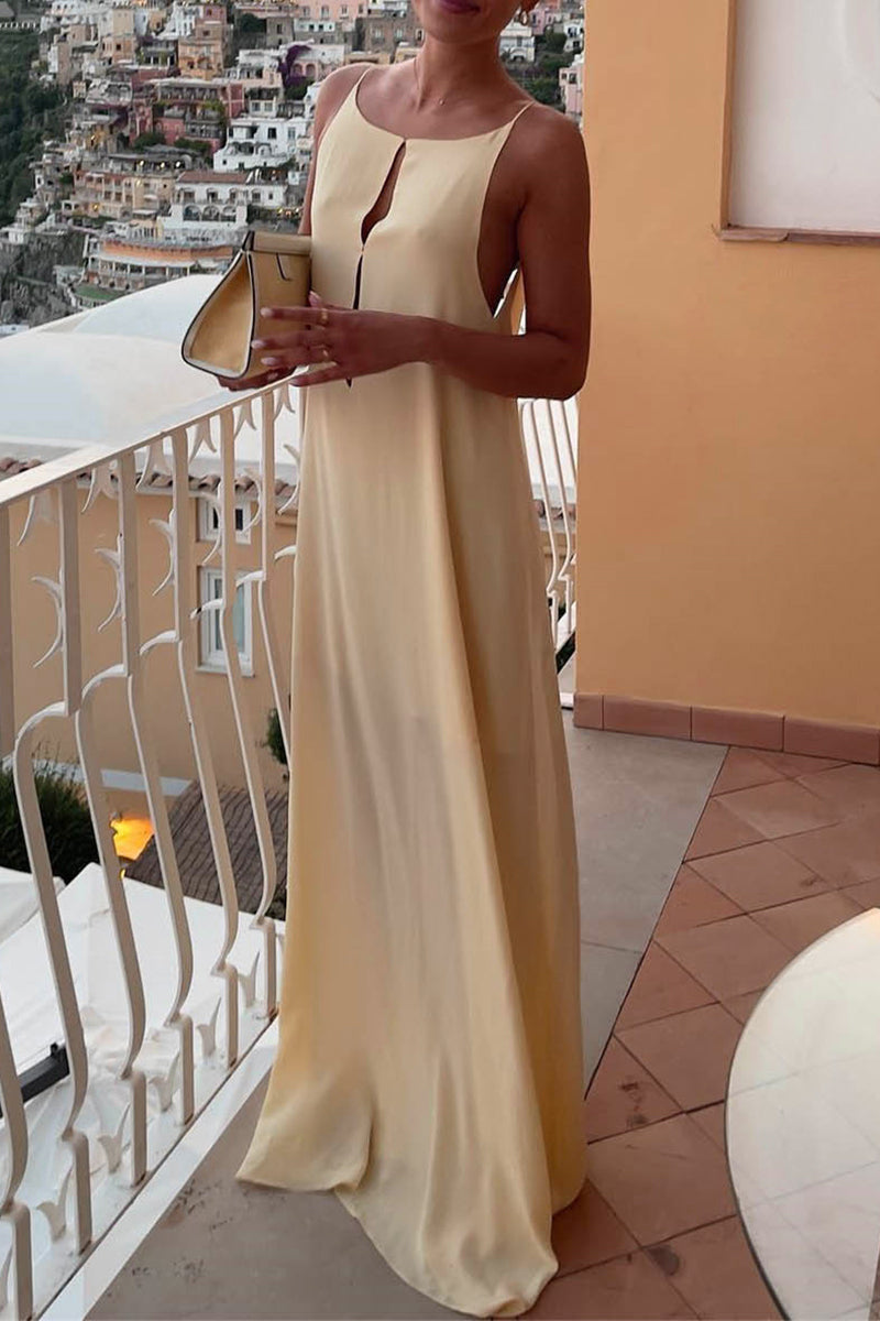 Vacation Solid Color Hollow Out Backless O Neck Sling Dresses