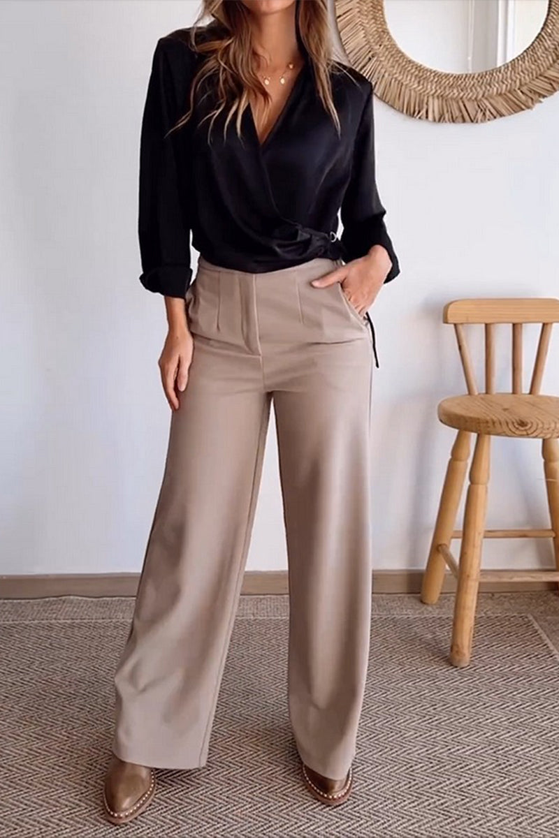 Pocket Buttons V Neck Long Sleeve Two Pieces
