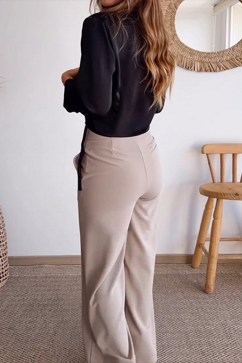 Pocket Buttons V Neck Long Sleeve Two Pieces