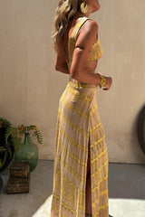 Vacation Geometric Print Slit Contrast V Neck Sleeveless Dresses