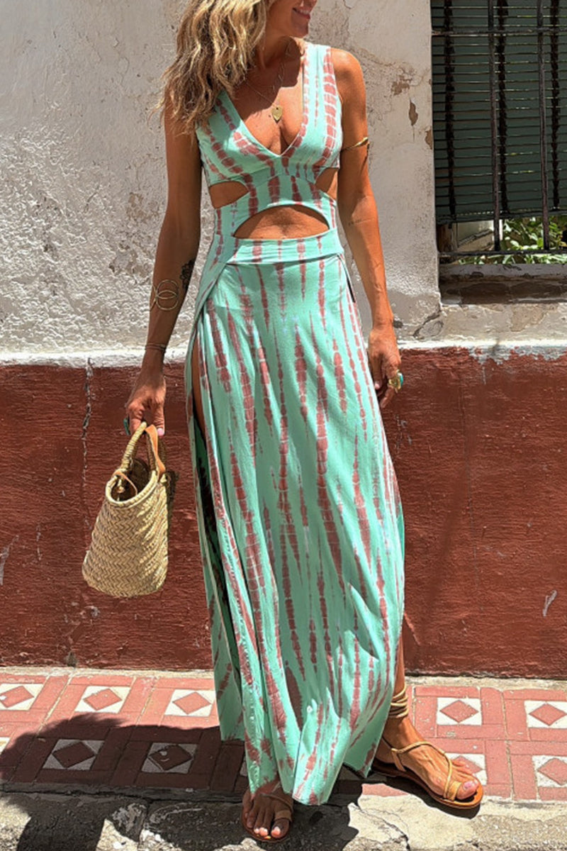 Vacation Geometric Print Slit Contrast V Neck Sleeveless Dresses