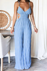 Solid Color Backless Texture V Neck Jumpsuits