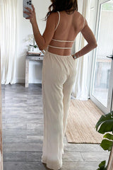 Solid Color Backless Texture V Neck Jumpsuits