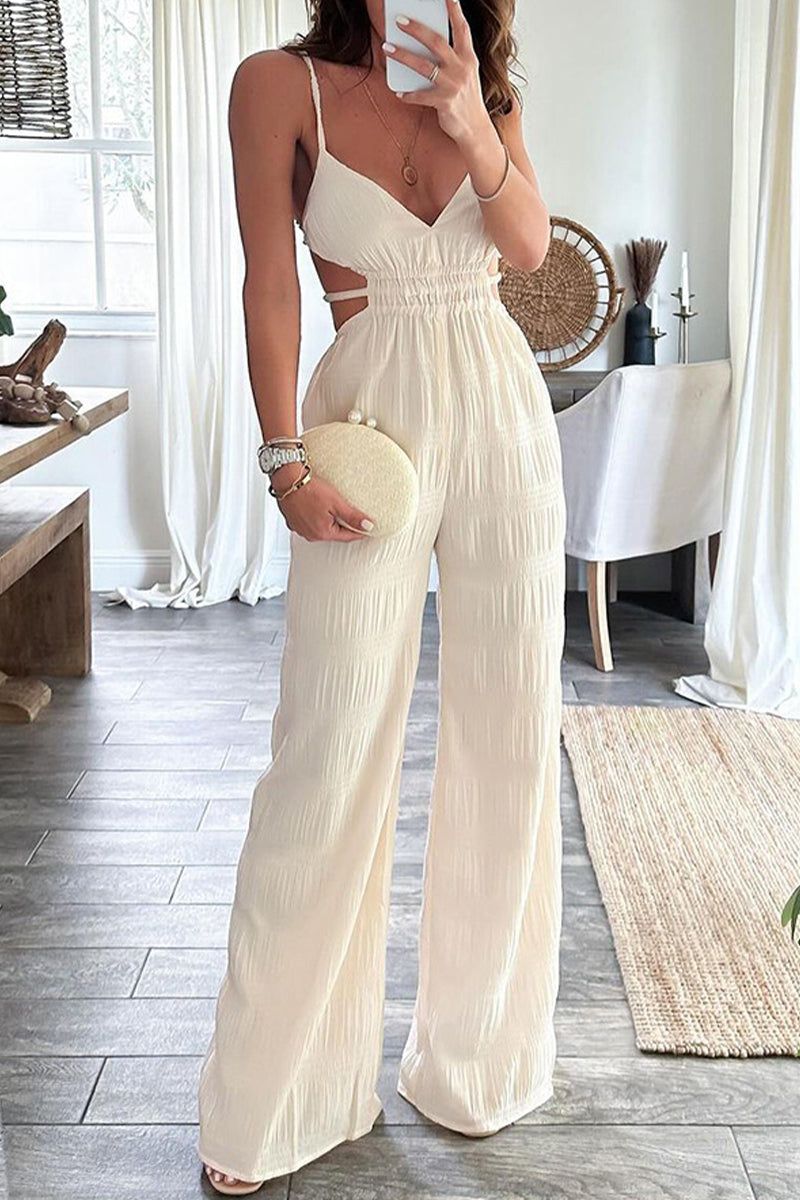Solid Color Backless Texture V Neck Jumpsuits