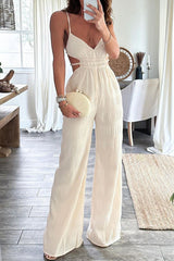 Solid Color Backless Texture V Neck Jumpsuits