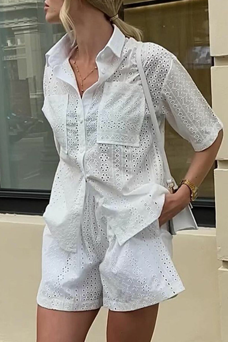 Lace Pocket Turndown Collar Short Sleeve Two Pieces