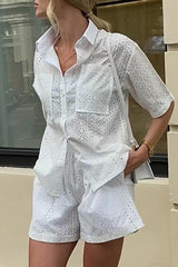 Lace Pocket Turndown Collar Short Sleeve Two Pieces