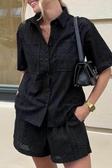 Lace Pocket Turndown Collar Short Sleeve Two Pieces