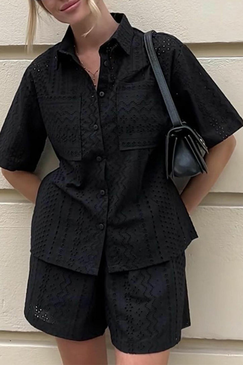 Lace Pocket Turndown Collar Short Sleeve Two Pieces