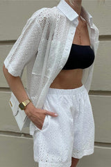 Lace Pocket Turndown Collar Short Sleeve Two Pieces