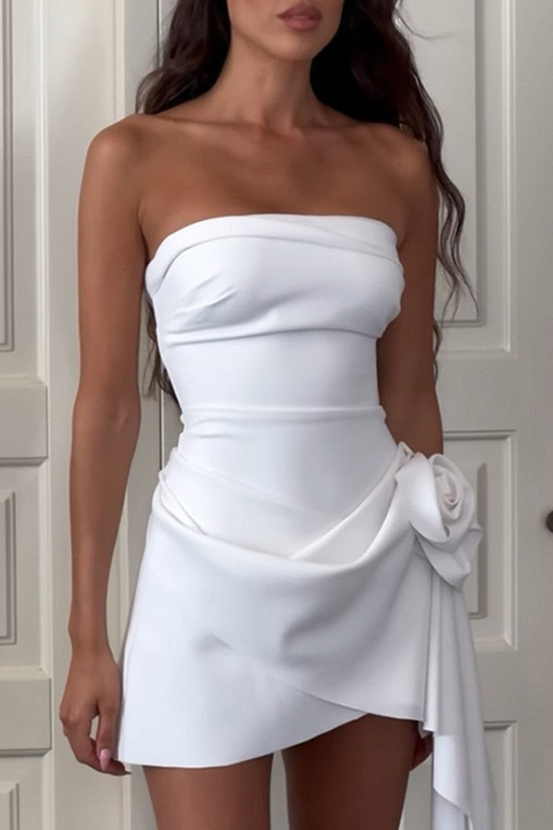 Solid Color Ruched Flower Shape Strapless Strapless Dresses