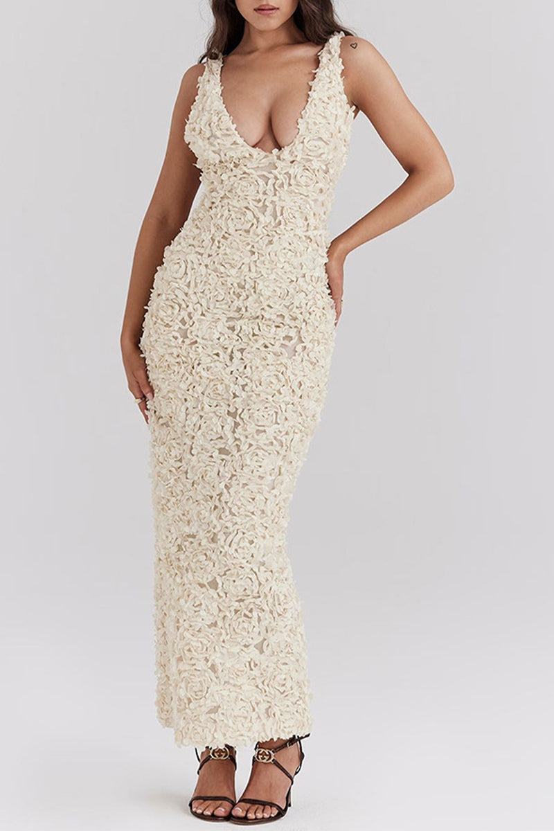 Solid Color Flower Shape V Neck One Step Skirt Dresses