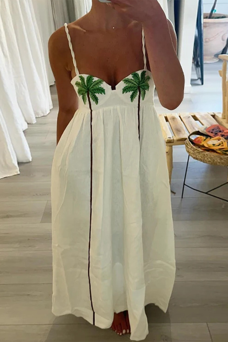 Plants Print V Neck Sling Dresses