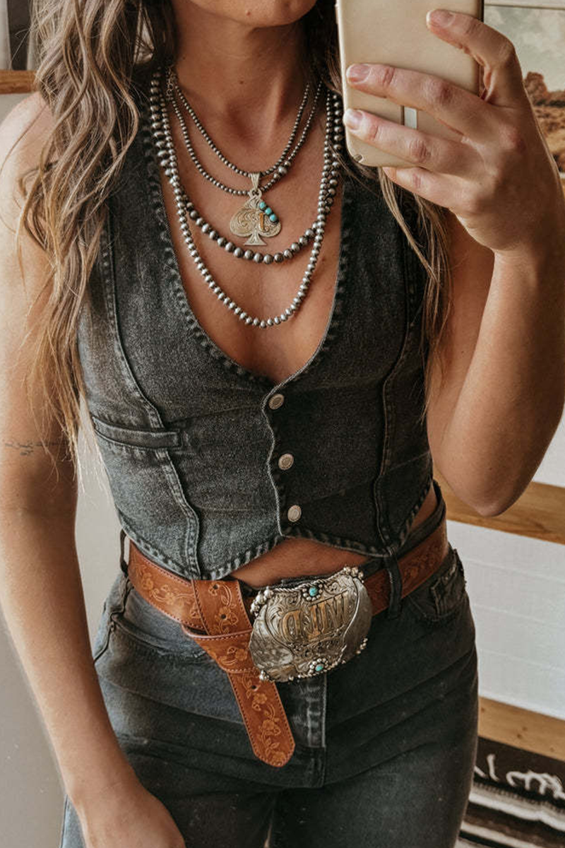 Hot Distressed Buckle V Neck Sleeveless Regular Denim Jacket(3 Colors)