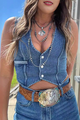 Hot Distressed Buckle V Neck Sleeveless Regular Denim Jacket(3 Colors)