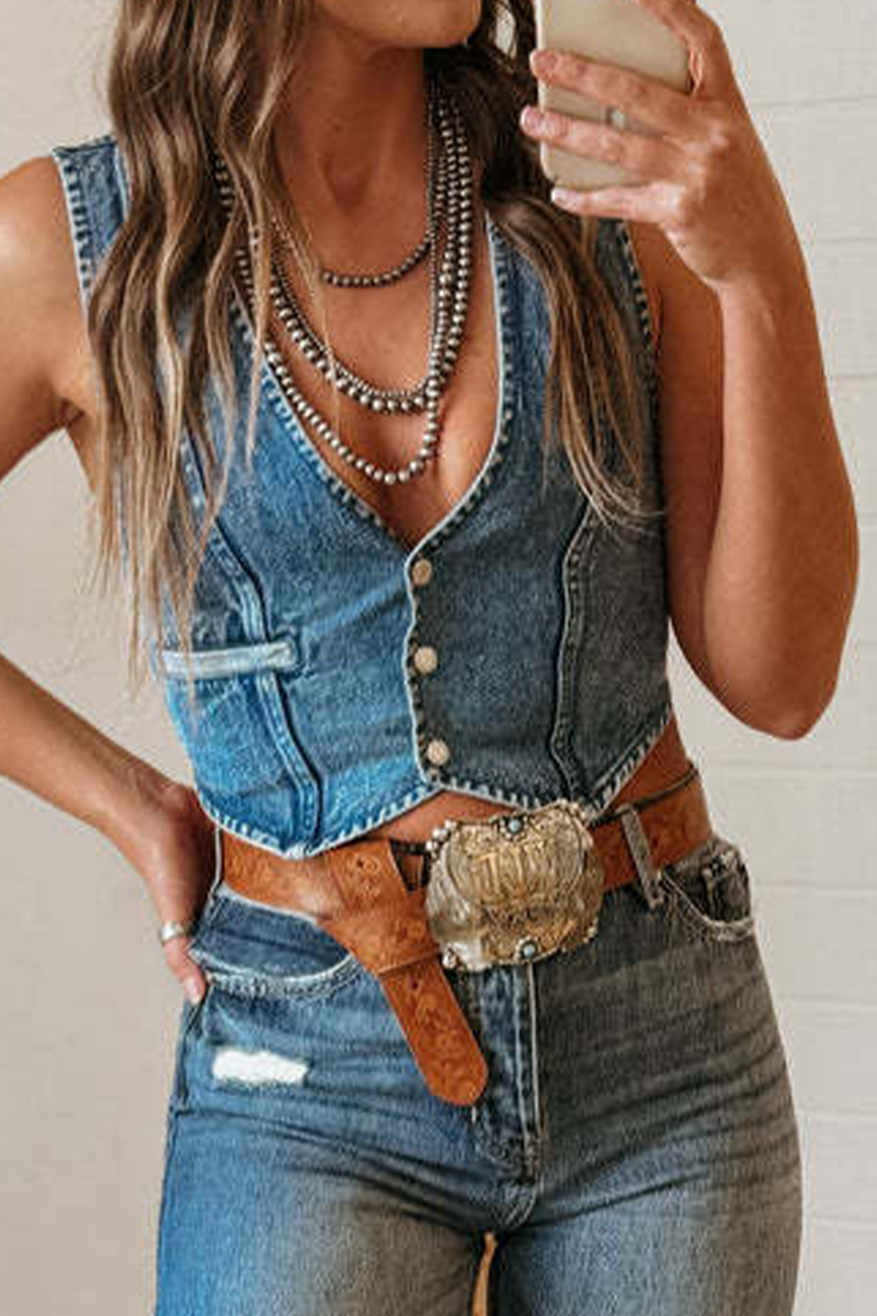 Hot Distressed Buckle V Neck Sleeveless Regular Denim Jacket(3 Colors)
