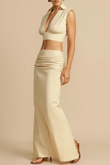 Solid Color Ruched V Neck Sleeveless Two Pieces