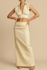 Solid Color Ruched V Neck Sleeveless Two Pieces