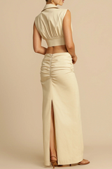 Solid Color Ruched V Neck Sleeveless Two Pieces