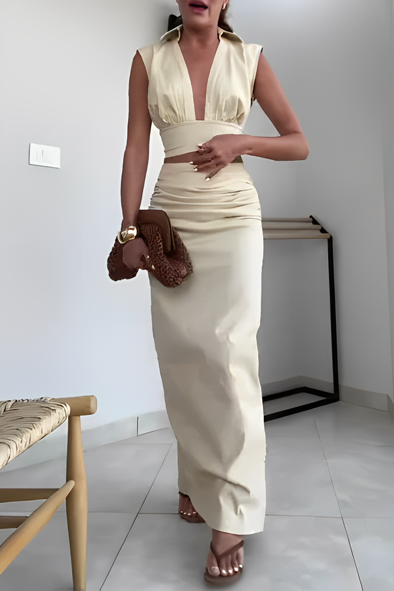 Solid Color Ruched V Neck Sleeveless Two Pieces