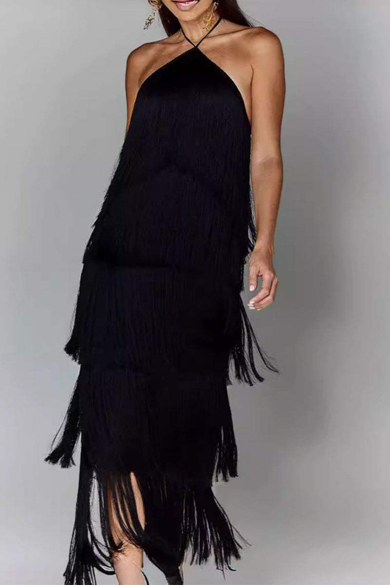 Fringed Trim Backless Halter Sleeveless Dresses(4 Colors)