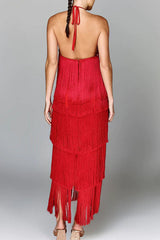 Fringed Trim Backless Halter Sleeveless Dresses(4 Colors)