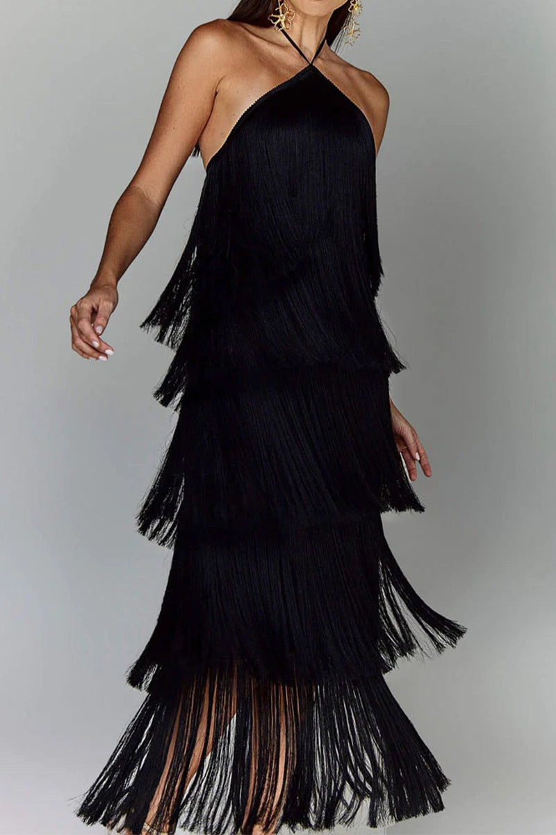 Fringed Trim Backless Halter Sleeveless Dresses(4 Colors)