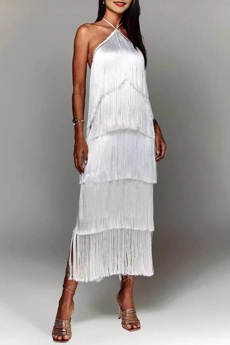 Fringed Trim Backless Halter Sleeveless Dresses(4 Colors)
