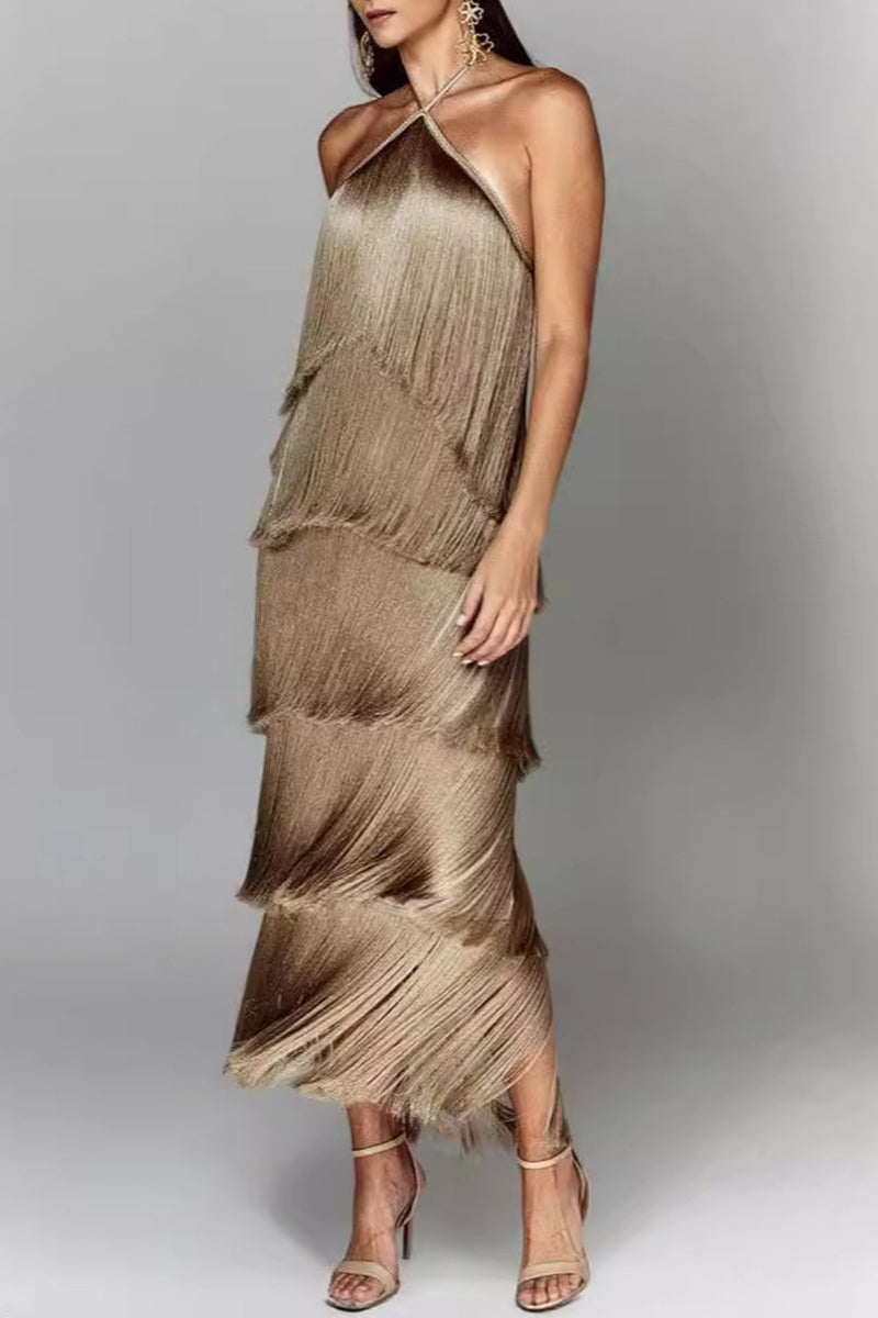 Fringed Trim Backless Halter Sleeveless Dresses(4 Colors)