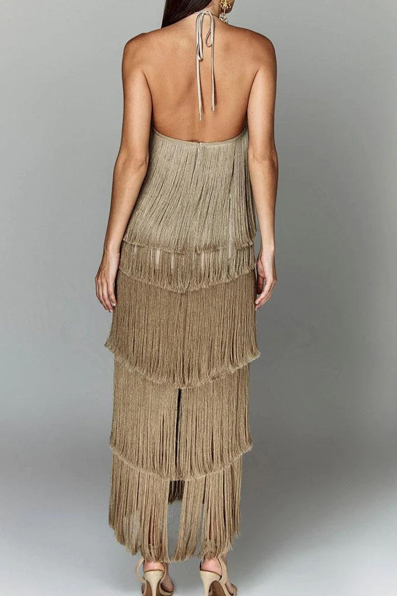 Fringed Trim Backless Halter Sleeveless Dresses(4 Colors)