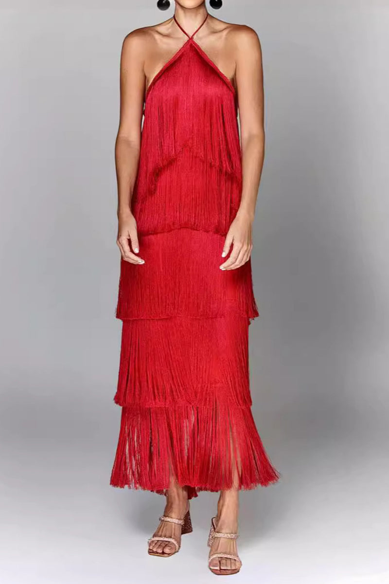 Fringed Trim Backless Halter Sleeveless Dresses(4 Colors)