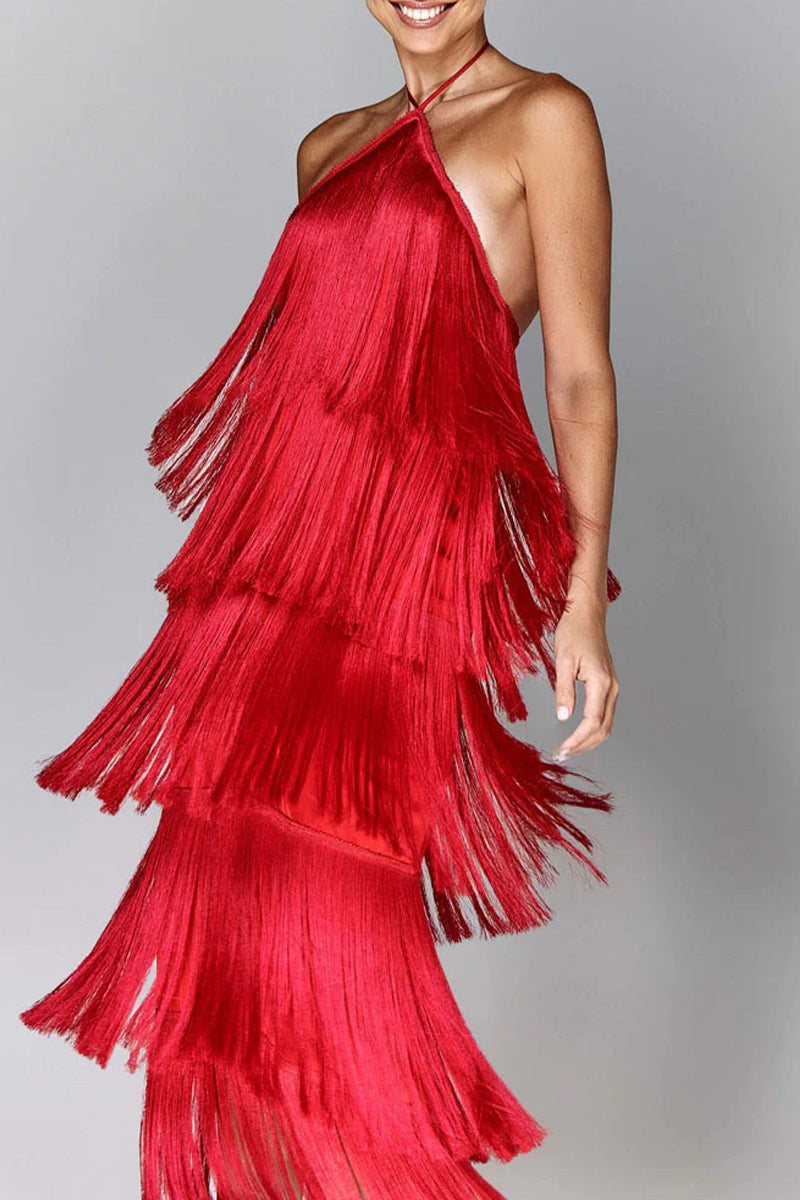 Fringed Trim Backless Halter Sleeveless Dresses(4 Colors)