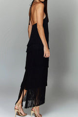 Fringed Trim Backless Halter Sleeveless Dresses(4 Colors)