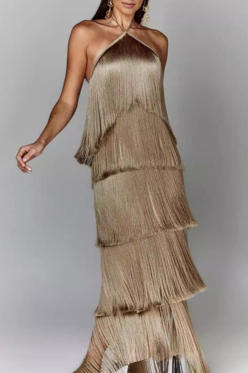 Fringed Trim Backless Halter Sleeveless Dresses(4 Colors)