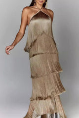 Fringed Trim Backless Halter Sleeveless Dresses(4 Colors)