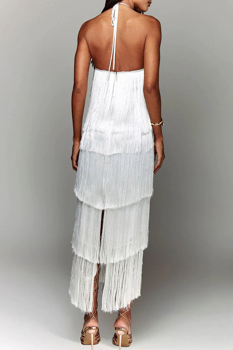 Fringed Trim Backless Halter Sleeveless Dresses(4 Colors)