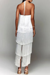 Fringed Trim Backless Halter Sleeveless Dresses(4 Colors)