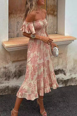 Floral Print Patchwork Ruffle Off Shoulder Cake Skirt Dresses