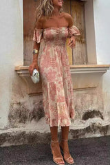 Floral Print Patchwork Ruffle Off Shoulder Cake Skirt Dresses