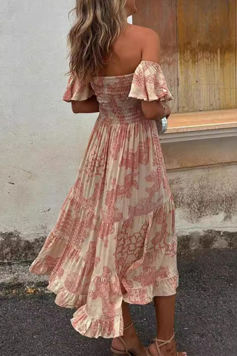 Floral Print Patchwork Ruffle Off Shoulder Cake Skirt Dresses