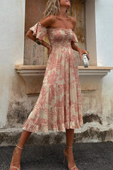 Floral Print Patchwork Ruffle Off Shoulder Cake Skirt Dresses