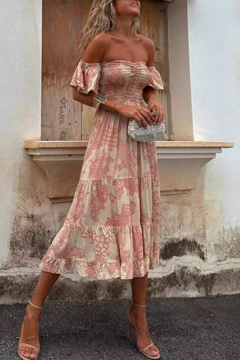 Floral Print Patchwork Ruffle Off Shoulder Cake Skirt Dresses