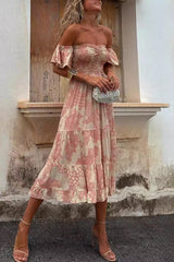 Floral Print Patchwork Ruffle Off Shoulder Cake Skirt Dresses