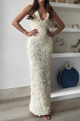 Solid Color Flower Shape V Neck One Step Skirt Dresses