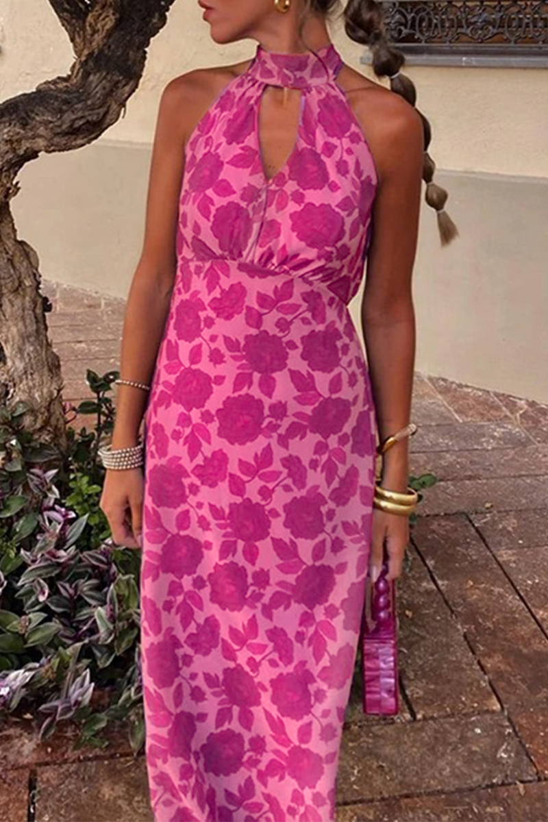 Celebrities Flowers Print Backless Halter One Step Skirt Dresses