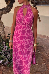 Celebrities Flowers Print Backless Halter One Step Skirt Dresses