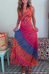 Vacation Tie Dye Print Strap Design Contrast U Neck Printed Dresses
