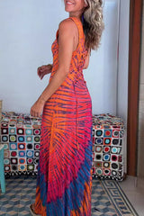 Vacation Tie Dye Print Strap Design Contrast U Neck Printed Dresses